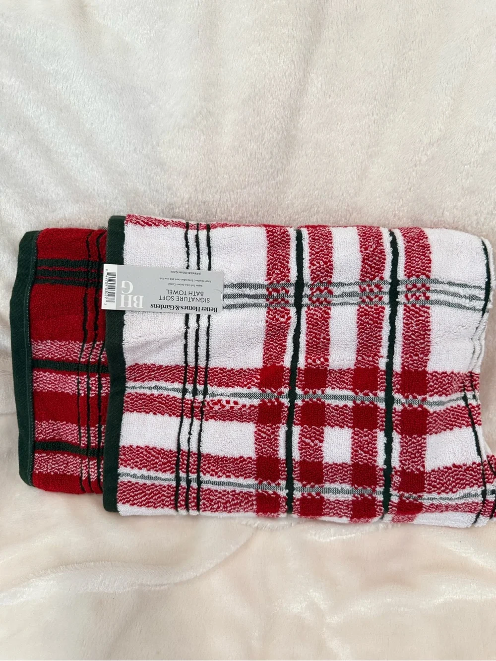 Red & White Plaid Bath Towels with olive green Trim